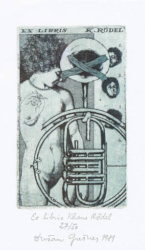 Exlibris by Ducan Grecner from Slovak Republic for Klaus Rödel - Woman Music Nude 