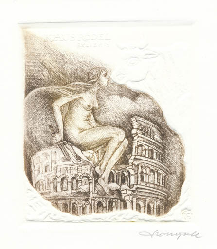 Exlibris by Kazimierz Szoltysek from Poland for Klaus Rödel - Architecture Woman Mythology Nude 