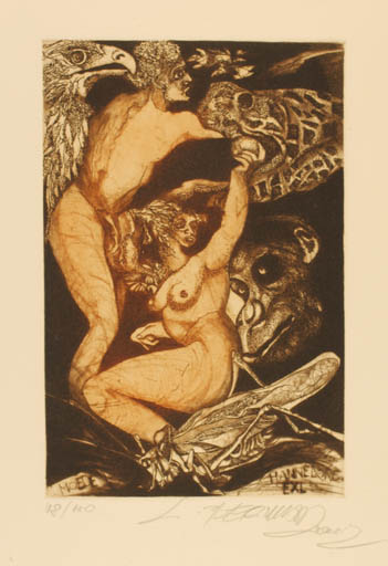 Exlibris by Leo Bednarik from Slovak Republic for Hannelore Moede - Fauna Insect Nude Couple 