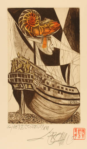 Exlibris by Leo Bednarik from Slovak Republic for Dr. Vaclav Herman - Ship/Boat 