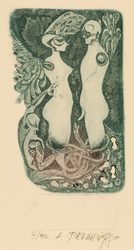 Exlibris by Leo Bednarik from Slovak Republic for Andreas Selle - Adam and Eve Nude Couple 