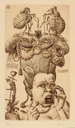 Exlibris by Erhard Beitz from Germany for Brigitta Lizinski - Insect Woman Portrait 