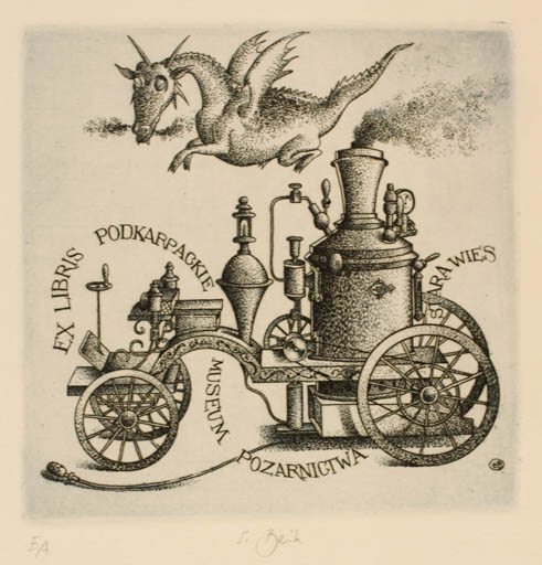 Exlibris by Erhard Beitz from Germany for Pozarnictwa Podkarpagkie Museum - Fable Animal Technology 