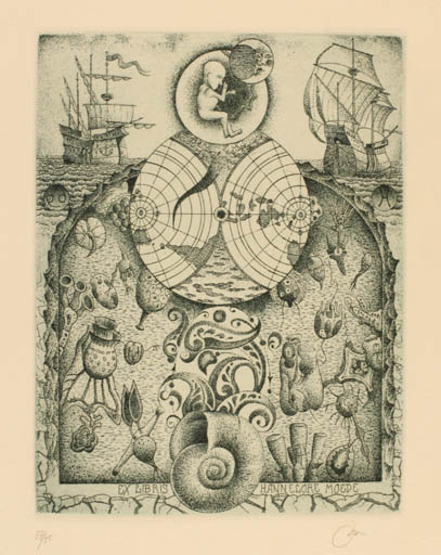 Exlibris by Erhard Beitz from Germany for Hannelore Moede - Child Globe Maritime 