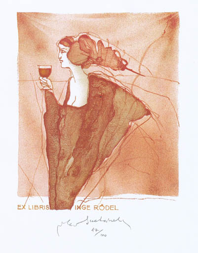 Exlibris by Vladimir Suchanek from Czechoslovakia for Inge Rödel - Woman Wine 