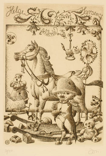 Exlibris by Erhard Beitz from Germany for Helge Larsen - Child Horse 