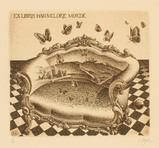 Exlibris by Erhard Beitz from Germany for Hannelore Moede - Interior Scenery/Landscape Butterfly 