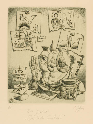 Exlibris by Erhard Beitz from Germany for ? ? - Surrealism Owl 