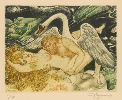 Exlibris by David Bekker from Ukraine for Klaus Rödel - Leda and the Swan 