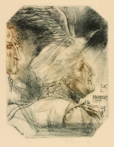 Exlibris by David Bekker from Ukraine for Herbert S. Ott - Bird Man Portrait 