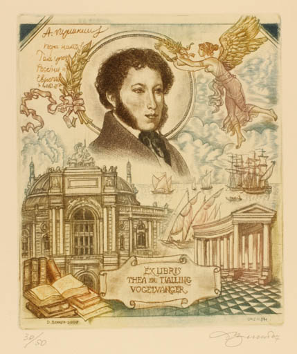 Exlibris by David Bekker from Ukraine for Thea & Tjalling Vogelvanger - Classical antiquity Architecture Book Angel Man Maritime Portrait Ship/Boat 