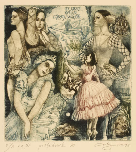 Exlibris by David Bekker from Ukraine for Evelyn Dünstl-Walter - Dancing Group Woman Theater/Cirkus 