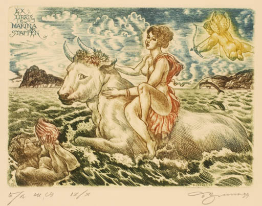 Exlibris by David Bekker from Ukraine for Marina Stappen - Angel Europa and the Bull Maritime 