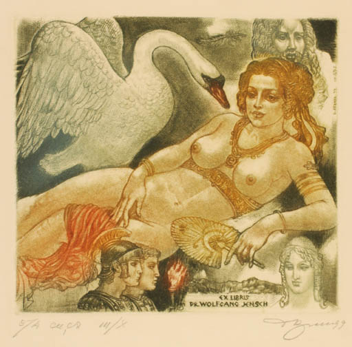 Exlibris by David Bekker from Ukraine for Dr. Wolfgang Jensch - Classical antiquity Woman Leda and the Swan 