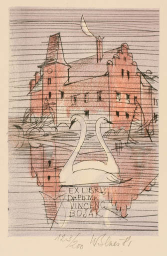 Exlibris by Karel Benes from Czech Republic for Dr. Vincenc Bosak - Castle/Palace Bird 