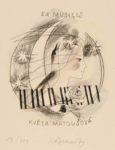 Exlibris by Karel Benes from Czech Republic for Kveta Matousova - Bird Woman Portrait 