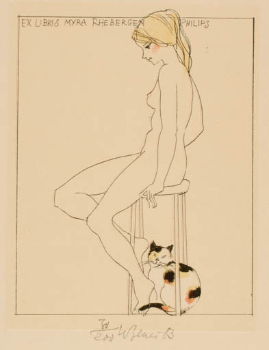 Exlibris by Karel Benes from Czech Republic for Myra Rhebergen - Cat Woman Nude 