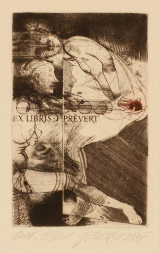 Exlibris by Jiri Brazda from Czech Republic for J. Prevert - Woman 