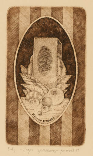 Exlibris by Zdenek Bugan from Slovak Republic for Dr. Rudolf Pribys - Fish Fruit Surrealism 