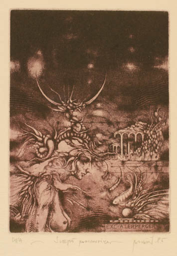 Exlibris by Zdenek Bugan from Slovak Republic for Dr. Anna Lerperger - Woman Surrealism 