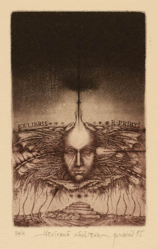 Exlibris by Zdenek Bugan from Slovak Republic for Dr. Rudolf Pribys - Portrait Surrealism 