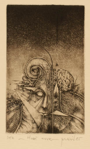 Exlibris by Zdenek Bugan from Slovak Republic for J. Hruby - Portrait Surrealism 