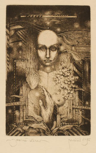 Exlibris by Zdenek Bugan from Slovak Republic for J. Povazan - Hand(s) Portrait Surrealism 