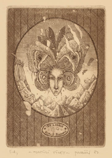 Exlibris by Zdenek Bugan from Slovak Republic for R. Russkova - Portrait Butterfly 