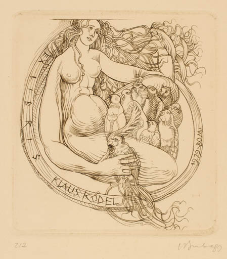 Exlibris by Augustinas Virgilijus Burba from Lithuania for Klaus Rödel - Bird Woman Nude 