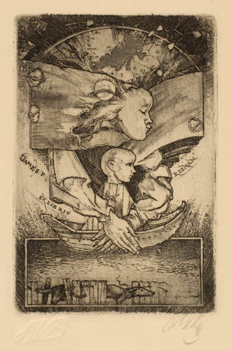 Exlibris by Augustinas Virgilijus Burba from Lithuania for James P. Keenan - Surrealism 