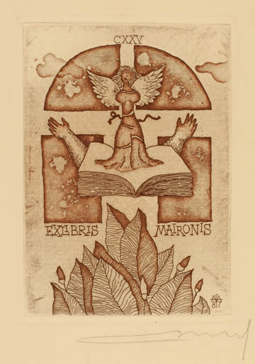 Exlibris by Alfonsas Cepaukas from Lithuania for ? Maironis - Book Angel Religion 