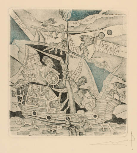 Exlibris by Alfonsas Cepaukas from Lithuania for Brigitta Lizinski - Ship/Boat Surrealism 