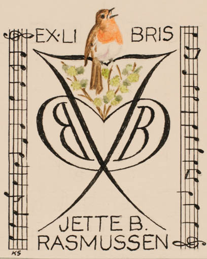 Exlibris by Knud Schriver from Denmark for Jette Braagaard Rasmussen - Flower Bird Monogram Music 