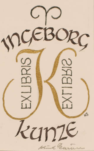 Exlibris by Knud Schriver from Denmark for Ingeborg Kunze - Monogram Text/Writing 