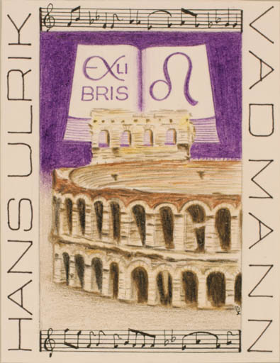 Exlibris by Knud Schriver from Denmark for Hans Ulrik Vadmann - Classical antiquity Book Music 