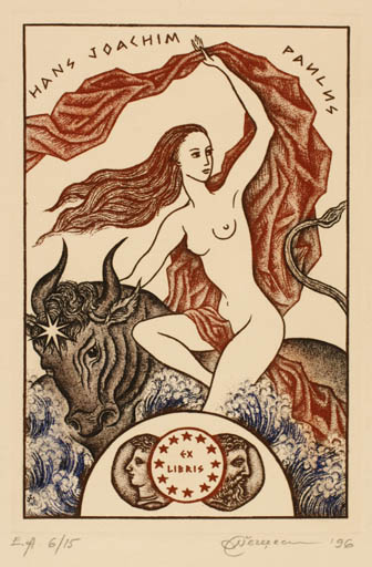 Exlibris by Natalija Chernetsova from Latvia for Hans Joachim Pavilvis - Europa and the Bull 