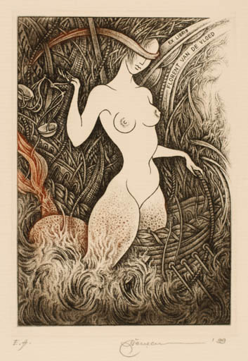 Exlibris by Natalija Chernetsova from Latvia for Florent van de Vloed - Woman Nude 