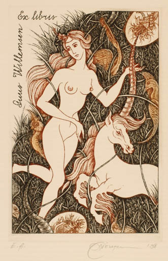 Exlibris by Natalija Chernetsova from Latvia for Guus Willemsen - Unicorn Woman Nude 