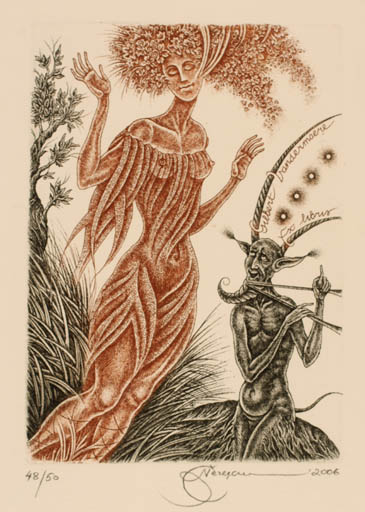 Exlibris by Natalija Chernetsova from Latvia for Gerbert Brandermaere - Fable Animal Woman Pan/Faun 