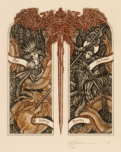 Exlibris by Natalija Chernetsova from Latvia for Silvio Jornz - Religion Knight Sct.G. and the Dragon 