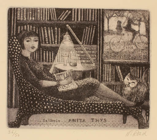 Exlibris by Patricia Nik-Dad from France for Anita Thys - Book Interior Cat Woman 