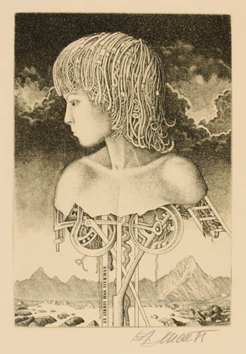 Exlibris by Josef Dudek from Czechoslovakia for Har Seikman - Mountain Woman Portrait Surrealism 