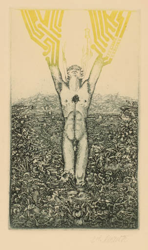 Exlibris by Josef Dudek from Czechoslovakia for Vaclav Krupka - Man Nude Surrealism 