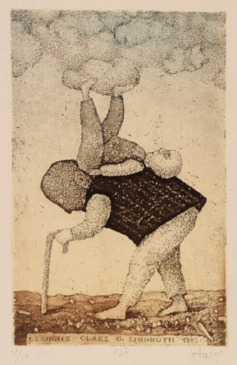 Exlibris by Stasys Eidrigevicius from Lithuania for Claes G. Lindröth - Child Man 