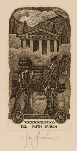 Exlibris by Vasyl Fenchak from Ukraine for Ruth Jensen - Classical antiquity Horse Mythology 