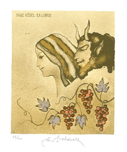 Exlibris by Vladimir Suchanek from Czechoslovakia for Inge Rödel - Pan/Faun Wine 