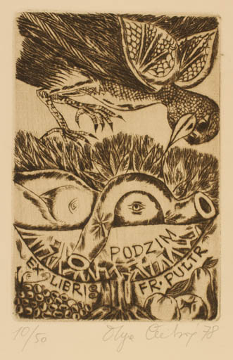 Exlibris by Olga Cechova from Czechoslovakia for Frantisek Pultr - Fruit Bird 