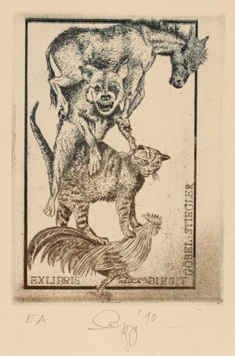 Exlibris by Olaf Gropp from Germany for Birgit Göbel-Stiegler - Fairytale/fable Fauna Bird Dog Cat 