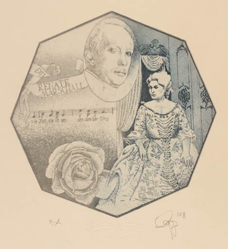 Exlibris by Olaf Gropp from Germany for Renate Marchall - Flower Woman Music Portrait Theater/Cirkus 