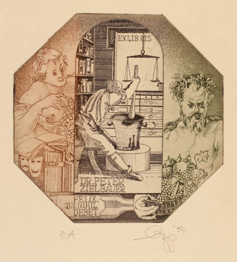 Exlibris by Olaf Gropp from Germany for Dr. Peter Zielbauer - Working Fruit Woman Man 